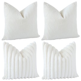 JOTOM Set of 4 Striped Corduroy Cushion Covers 45x45 cm Faux Fur Plush Pillow Case Decorative Throw Pillow Covers Soft Pillowcase Couch Sofa Pillow Covers for Bed Home Outdoor Decor (Beige White)