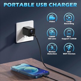 USB Charger Camera, 1080P HD Mini Security Cameras Small Nanny Cam with Motion Detection, Loop Recording for Home, No Audio, Non-WiFi