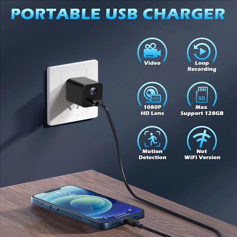 USB Charger Camera, 1080P HD Mini Security Cameras Small Nanny