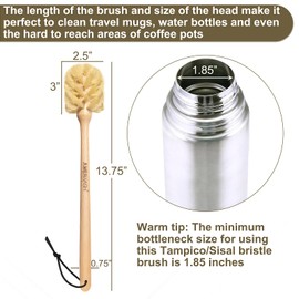 Bottle Brush with Strong Sisal Bristles, 13-3/4 Inch Long Wood Handle Hanging Design Cleaning Brush Cleans and Scrubs Wide Mouth Jars, Glasses, Vases, Mugs and Pitchers