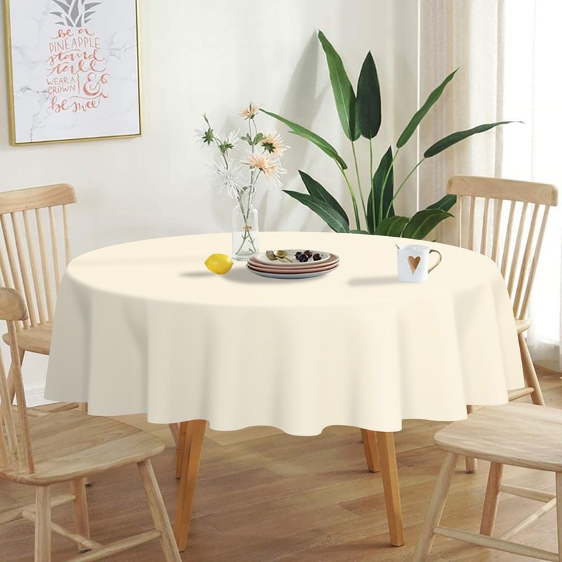 QIKSION Ivory Round Tablecloth 2 Pack, 84 Inch Plastic Table
