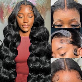 haha Black Body Wave Human Hair Wigs Lace Front 180% Density 13x4 HD Transparent Lace Frontal Wig Glueless Brazilian Raw Human Hair Lace Front Wigs Pre Plucked With Baby Hair Bleached Knots 26 Inch