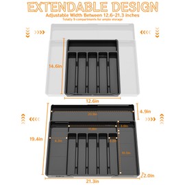 Expandable Silverware Organizers for Kitchen Drawers,Large BPA Free Cutlery Organizer in Drawer,Plastic Utensil Drawer Organizer Suitable as Flatware,Knife,Fork,Spoon,Silverware Holder and Tray,Black