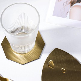 4 PCS Gold Octagonal Cup Coasters, 9.5cm Stainless Steel Coasters, Heat Resistant Table Protector