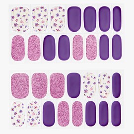 Foxology Semi Cured Gel Nail Strips Kit, Vegan & Cruelty Free, Glossy Purple Floral Nail Art, Includes 30 Strips, Gel Top Coat, Nail File, Cuticle Stick, Alcohol Free Prep Pad, PURPLENESS, 1 Count