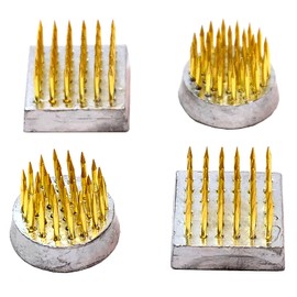 KAKURI Mini Kenzan Flower Frog Round & Square Bulk 4 Pcs Set 0.9", Japanese Ikebana Flower Arrangement Supplies, Professional Flower Holder Pin Frog, Brass Gold, Made in Japan