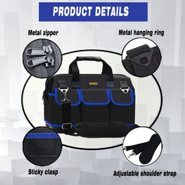 FASTECH 20 Inch Tool Bag, Waterproof Wide Mouth Tool Kit, Heavy Duty Tool Bag Organizer With Shoulder Straps and Molded Base, Tool Storage Package For Screwdrivers, Pliers, Nut Drivers (Blue20IN)