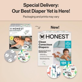 The Honest Company Clean Conscious Diapers for Delicate Skin | Up to 100% Leakproof | Hypoallergenic, Fragrance Free | Gender Neutral | Super Club Box, Size 2 (12-18 lbs), 124 Count (Prints May Vary)