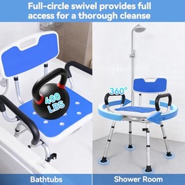 Swivel Shower Chair: 400 lbs Heavy Duty Shower Chair for Elderly Disabled Injured - Height Adjustable Shower Stool with Arms & Back - Non-Slip Rotating Shower Bench Seat for Tubs (Dark Blue)
