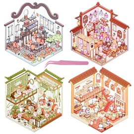 4 Sets Animals Vintage 3D Sticker Scene 3D Miniature Scene Stickers with Tweezers 3D House Stickers Make Your Own House Capybara Stickers