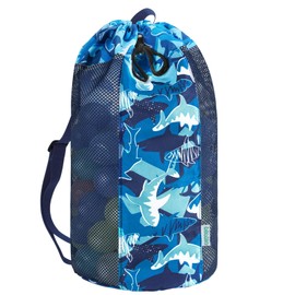 WAWSAM Shark Large Mesh Beach Bag for Kids, Kids Drawstring Beach Backpack for Boys, Tote Mesh Beach Toys Bag, Swim Pool Toys Balls Storage Bags Gym Bag, Beach Toy Shells Organizer