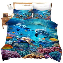 Lovira Ocean Animal Sea Tutrle Beach Dolphin Theme 3D Print 3 Pieces Bedding Comforter Set with 2 Pillowcase Queen Size Nautical Fish Duvet Cover Bed Sheet Quilt Bedroom Decor for Lover Adults Kids
