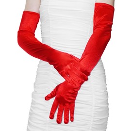 UAREBST Long Satin Opera Party Gloves for Women, 21" Stretchy Wedding Evening Party Gloves, Elbow Length Adult Size (Red)