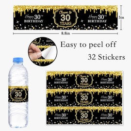 WOWOPA 32Pcs Cheers to 30 Years Water Bottle Labels, Happy 30th Birthday Labels Stickers for Women and Men Birthday Party Decorations - Black