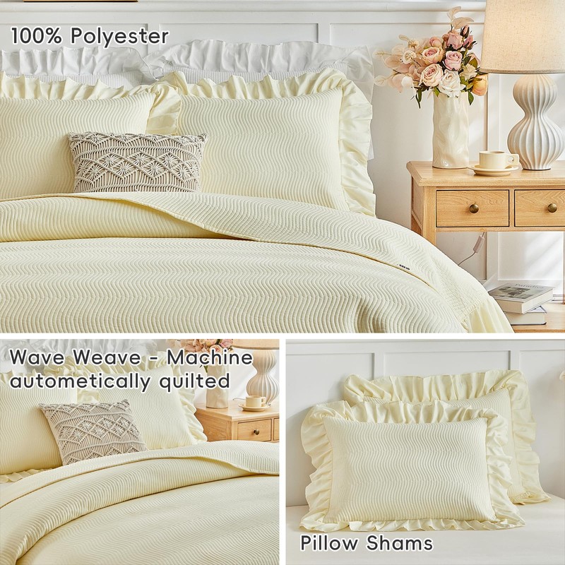 Flysheep 3 Pieces Yellow Quilt Set Queen Size, Wide Ruffled