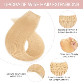 Silk-co One Piece Wire in Hair Extensions 20inch #613 Bleach Blonde Real Human Hair Wire No Clip Straight Hairpiece