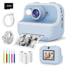 PTHTECHUSCmara Infantil, Cmara Instantnea Nios,cmara Digital Selfie y Video,Papel de impresin,Tarjeta SD 32 GB y 1080P impresin instantnea Regalos... 