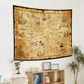 YONGFOTO 180x160cm Map Tapestry, Western Treasure Map Island Route Map Pirates Hand Painted Gold Secret Map Sea Navigation Wall Hanging Tapestry for Dorm Decor Sofa Bed Cover Blanket E-Lesson
