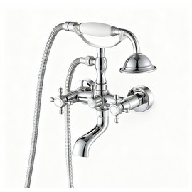 Clawfoot Tub Faucet with Hand Held Bathtub Faucet, Tub Shower Kit Victorian Double Cross Handle, 6 Inch Center Adjustable Swing Arms Tub Mount Short Adapter Antique Brass (Polished Chrome)