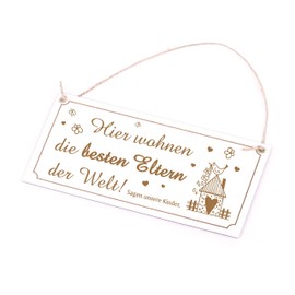 Mama Papa Wooden Sign with German Text "Hier wohnen die besten Eltern der Welt" [German Language] Engraved Gift Vintage Door Decoration 20 x 10 cm