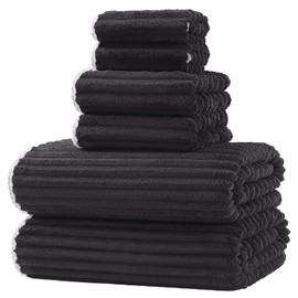 XIQ 29x59 Inches Extra Large Bath Towels Set of 6 Striped Super Soft Hanging Loop Microfiber Towels for Bathroom 2 Hand Towels 2 Washcloth Towels (Black, 6PCS)