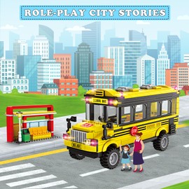 WEMEWEME School Bus Building Blocks Set 488PCS Creative Vehicle Model Kit