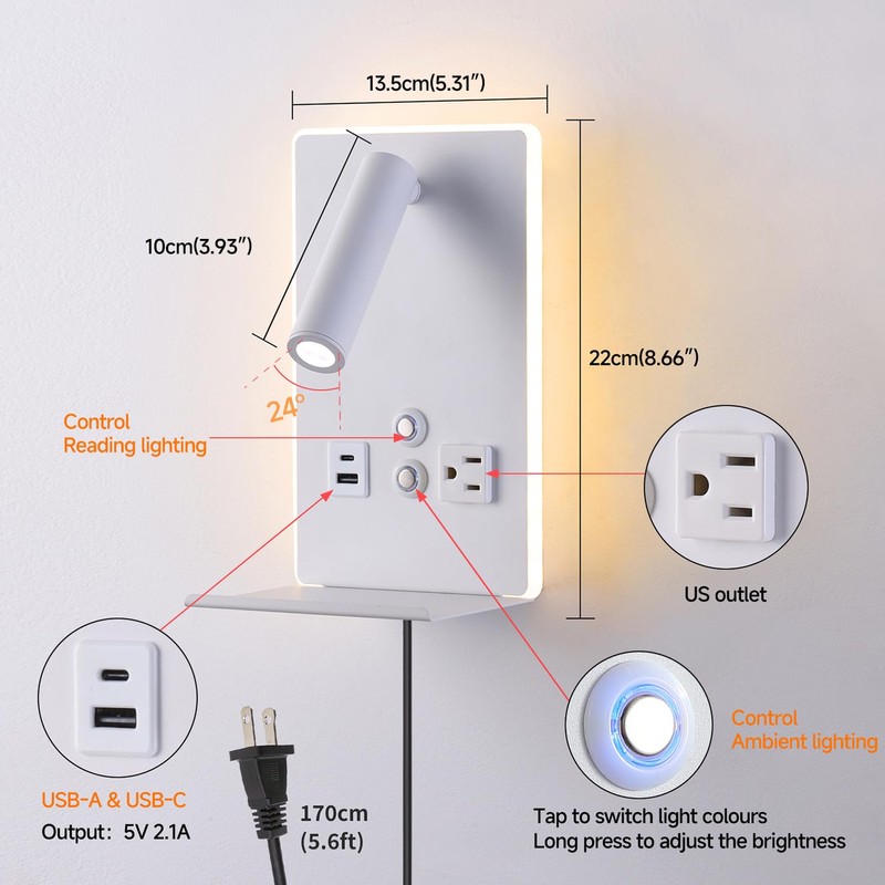 CNMYKYDS Wall Mounted Reading Light with Shelf - 3 Color