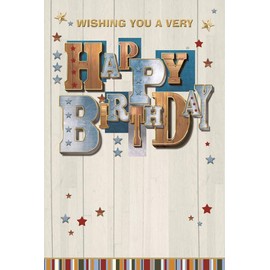 Open Male Birthday Card - Blue Brown Writing with Gold Foil Stars 7.75x5.25"