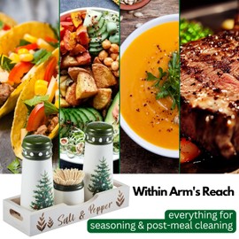 Christmas Salt and Pepper Shakers with Holder - Xmas Tree Salt Pepper shaker Set w Toothpick Jar, Farmhouse Cute Kitchen Decor Accessories for Kitchen Counter Dining Table, Unique Collectable Gifts