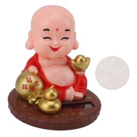 CHEOTIME Small Solar Powered Monk Figurine, Automatic Nodding and Knocking Buddhist Monk Decoration, Car Shaking Head Buddha Statue for Car Dashboard Home Decoration (Red)