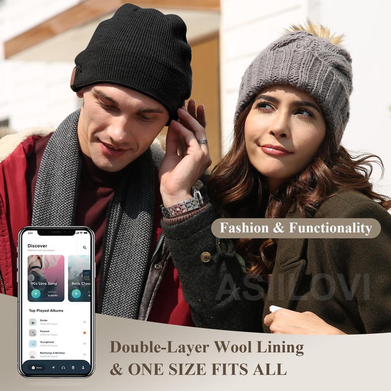 ASIILOVI Bluetooth Beanie, Double-Layer Wool Lining Bluetooth Hat Beanie for