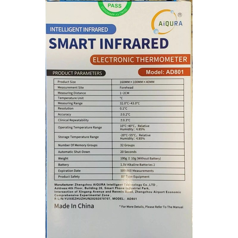 AiQURA AD-801 Non- Contact Infrared Thermometer, Celsius /Fahrenheit Conversion