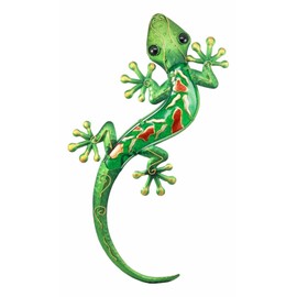 Ebros Gift Large Climbing Green And Orange Hue Lizard Gecko Wall Decor 18.5" Long Designer Copper Metal With Glass Home Decorative Wall Art Plaque Decor 3D