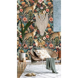 HAOKHOME Forest Peel and Stick Wallpaper Floral Jungle Leopard Animal Forest Removable Stick on Contact Paper for Home Decor Green/Brown/Pink 17.3in x 9.8ft