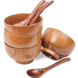 Originalidad Handmade Wood Bowls, Jujube Wooden Japanese Bowls with Matching Spoon for Rice, Soup, Dip, Salad, Tea, Decoration 4 Sets (4 Bowls 3.8 IN + 4 Spoons)