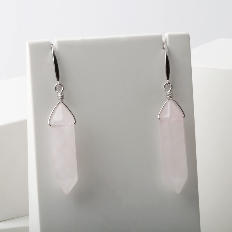 White Gold Plated Sterling Silver Wire Wrapped Natural Rose Quartz