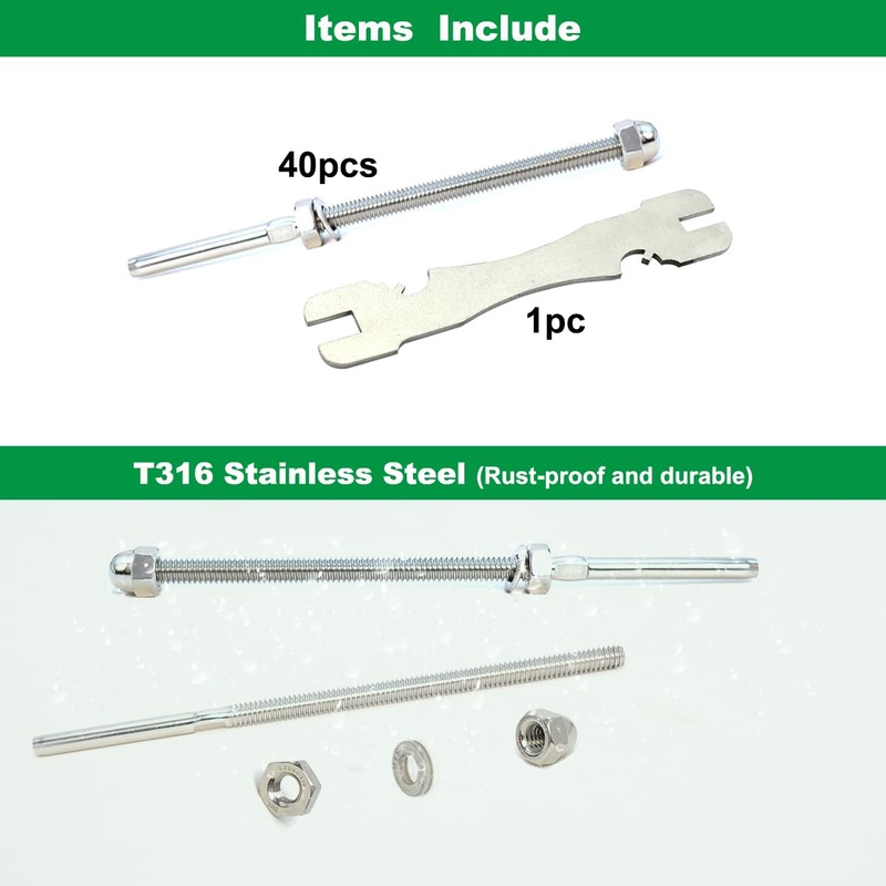 Sowtowe 1/8 Inch T316 Stainless Steel Cable Hardware, Railing Kit,