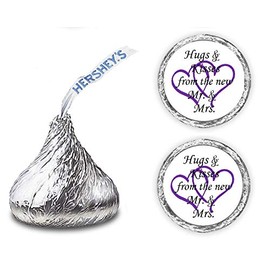 324 Hugs and Kisses from The New Mr. & Mrs. with Interlocking Hearts Wedding Stickers, Chocolate Drops Labels for Bridal Shower Engagement Party Decorations, Favors Decor for Kiss (Purple)
