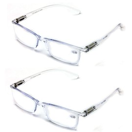 2 Pairs Lightweight Transparent Clear Rectangular Unisex Readers with Spring Hinge - Reading Glasses (2 Clear, 1.00)