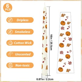 6 Pack Printed Taper Candle Set for Home Decoration, 10 Inch Ivory Candlesticks with Pumpkin and Yellow Leaves Pattern for Dinner Holiday Seasonal Celebration, Dripless and Smokeless Candle