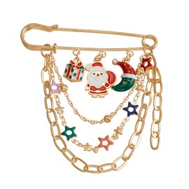 Wendalern Christmas Brooch Pin for Women Santa Snowman Snowflake Enamel Pin Gold Chain Tassel Pin Bell Bow Moon Christmas Tree Elk Safety Pin Holiday, Metal