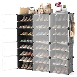 WEXCISE Portable Shoe Rack Organizer with Door, 48 Pairs Shoe Storage Cabinet Easy Assembly, Plastic Adjustable Shoe Organizer Stackable Detachable Free Standing Shoe Rack DIY Expandable 8 Tier Black