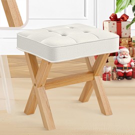 COSTASKF Ottoman Foot Stool, Upholstered Cushion Vanity Stool with Wood X-Leg,Small Make up Stool for Vanity,18 Inch Fabric Foot Stool, Rectangle Makeup Stool for Bedroom, Living Room, Beige