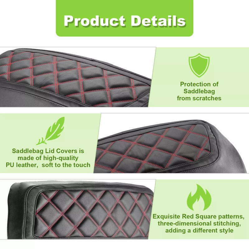 21ST Red Diamond Stitching Leather Saddlebag Lid Covers for Harley