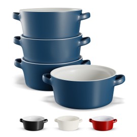 Soup Bowls with Handles, Ceramic Oven Safe Bowls, Kook Individual Soup Crocks, Stackable Dish, Broil, Oven, Microwave and Dishwasher Safe, for Casserole, Pasta, Cereal, 23.6 Oz, Set of 4, (Matte Blue)
