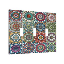 Vintage Mexican Tile Talavera Ceramic 3 Gang Light Switch Plate Decorative Triple Toggle Wall Plate Cover Electrical Faceplate Switchcover for Farmhouse Bathroom Bedroom Home Art Panel Decor