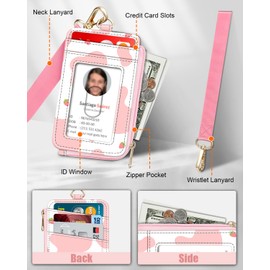 Fintie 2-in-1 ID Badge Holder & Lanyard Wallet, Credit Card Holders with Removable Wristlet & Neck Lanyard, Leather ID Name Badg 5 Card Slots Zipper Purses for Women Girls, Strawberry Cow