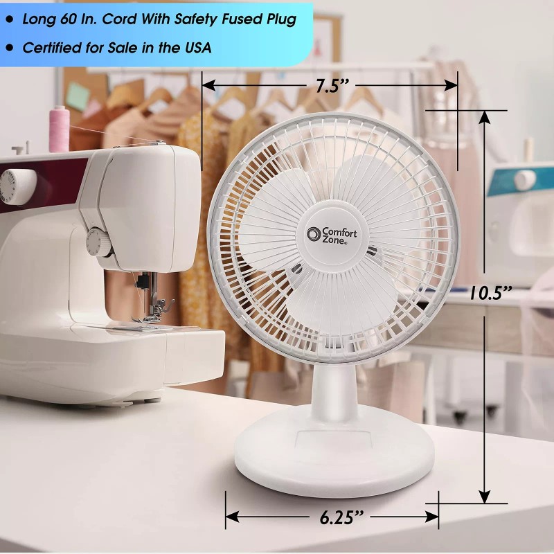 Comfort Zone 6 Inch Desk Fan White 2 Speed Quiet
