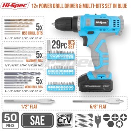 Hi-Spec Cordless Drill Driver Set 12V Battery Electric Screwdriver & 50 PC Accessory Kit - Blue