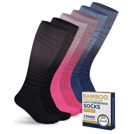 Pembrook Bamboo Viscose Light Compression Socks - 3 Pairs | Mens and Womens Compression Socks 8-15 mmHg for Circulation | Black, Blue, Pink Graduated Stripes